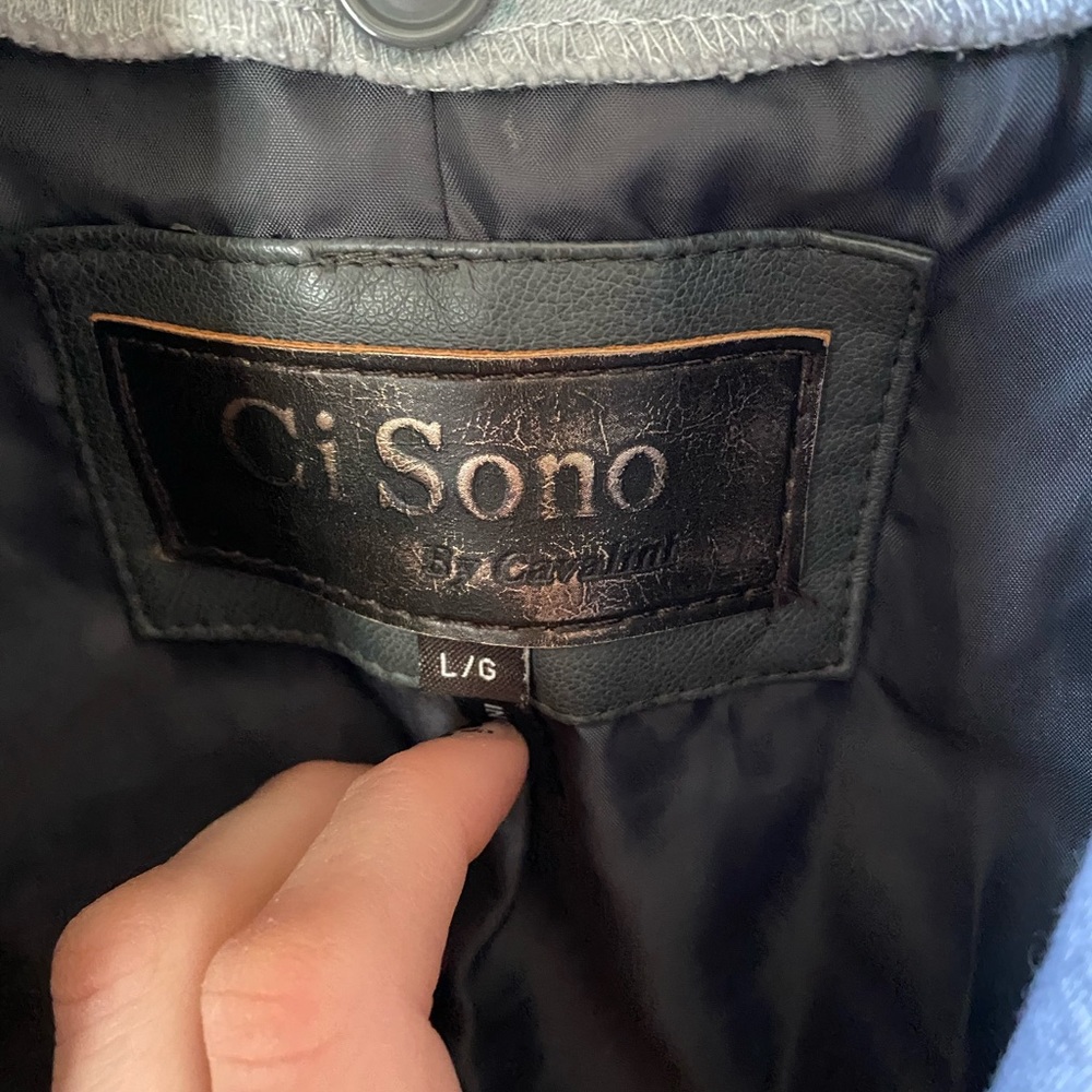 Large leather jacket, grey! You can take hood off.